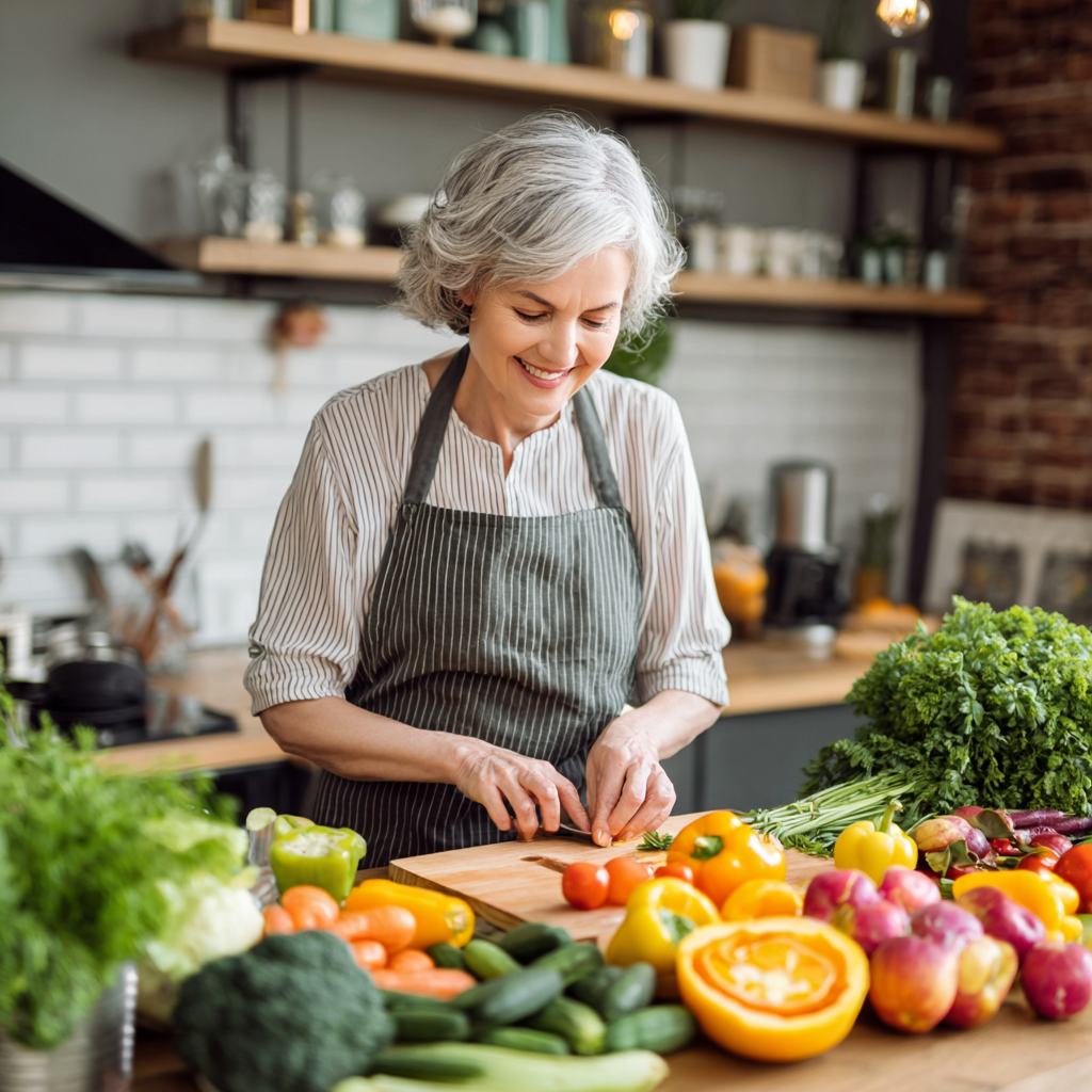 Smiling middle-aged Ukrainian woman preparing healthy meal in modern kitchen with fresh vegetables and fruits